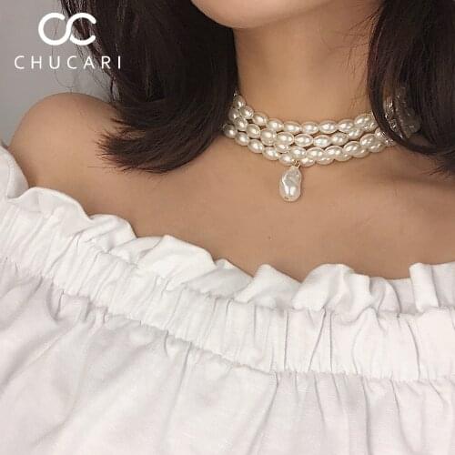 CHUCARI Fashion Multilayer White Imitation Pearl Choker with Metal Slice Fixation Wide Bib Necklace Jewelry for Charm Women