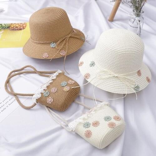 2020 Spring And Summer Childrens Straw Hat Parent-child Little Cute Small Shoulder Bag Set Girl Fisherman Basin Hat Big Brim
