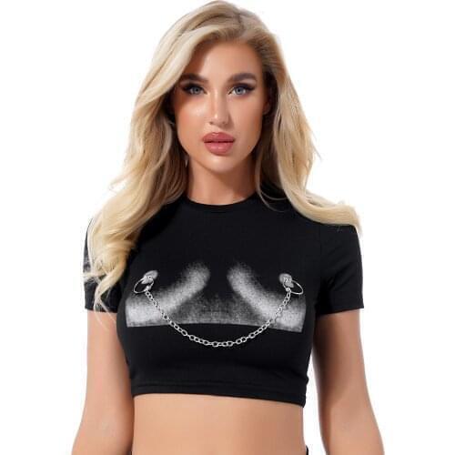 Fashion Women Streetwear Printing Cropped T-Shirt Round Neck Short Sleeve Metal Chain O Ring Costumes Summer Sexy Crop Tops Tee
