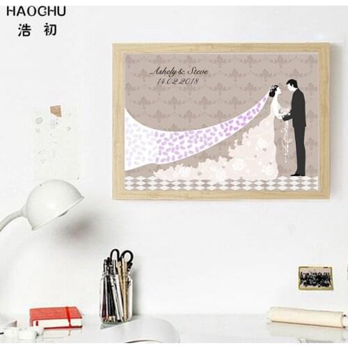HAOCHU Personality Canvas Wedding Fingerprint Tree Signature Guest Book Painting Colorful Bride Long Veil DIY Picture