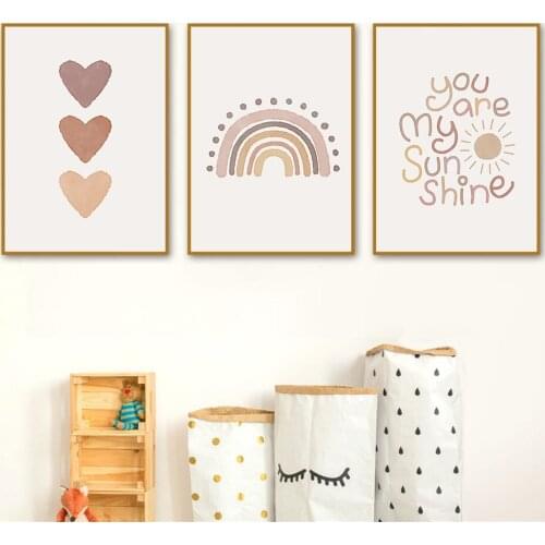 You Are My Sunshine Quotes Nursery Art Print Poster Abstract Heart Rainbow Canvas Painting Boho Wall Art Picture Kids Room Decor