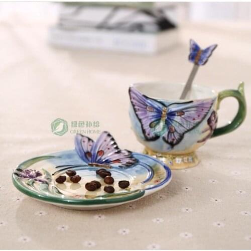 European Style Ceramic Hand-painted Butterfly Coffee Cup 3D Colored Enamel Porcelain Mug with Saucer and Teas poon