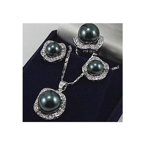 Jewelry Set Hook Fashion Jewelry 12-14mm Black Shell Pearl Pendant Earring Ring Set 18inch Real Women Fine For Lad