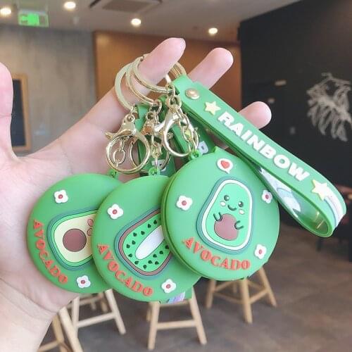Creativity Simulation Fruit Avocado Keychain Fashion Women Makeup Mirror Keyring Cute Smiling Avocado Practical Accessories Gift
