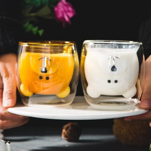 280ml Cute Bear Mug Double Wall Insulated Glass Coffee Cup Thickened Coffee Cup Milk Cup for Adults and Children