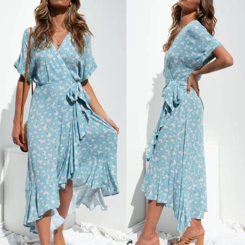 Summer Floral Dress Ladies Casual Print Dress V-neck Mid-length Skirt Female Short-sleeved Loose Dress Holiday Beach Long Skirt