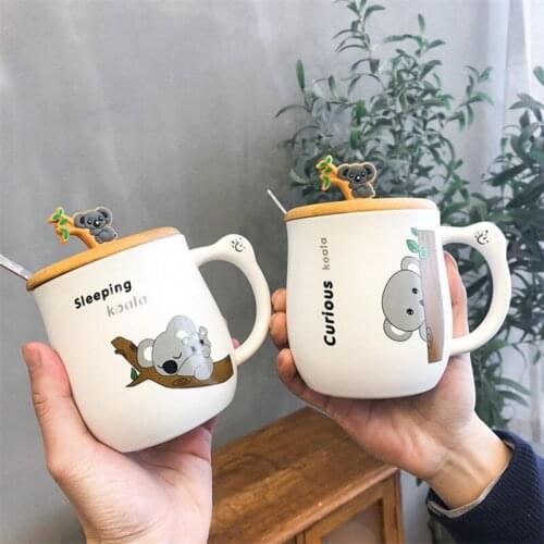 Cute Cartoon Koala Ceramic Coffee Mug Creative Home Animal Breakfast Milk Cup with Spoon and Cover Couple Teacup Drinkware