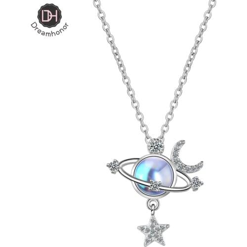 Dreamhonor Fashion Moon Star Pendant Charm Choker Necklaces Jewelry 925 Silver Chain Necklaces