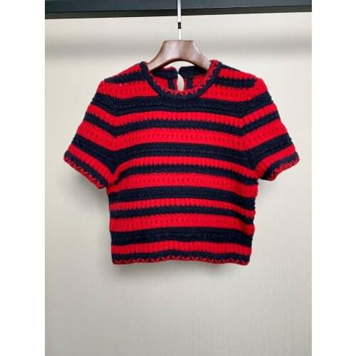 Fashion ladies 2021 new short sleeve casual striped knitted sweater 0108