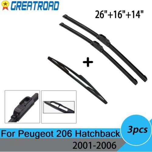 Wiper Front & Rear Wiper Blades Set Kit For Peugeot 206 Hatchback 2001 - 2006 Windshield Windscreen Window 26"16"14"