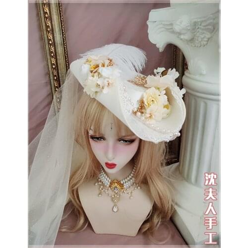 Lolita curling lace rose top hat classical elegant simple ostrich feather feather hat flat hat Bow Bandge Large eave Sunhat