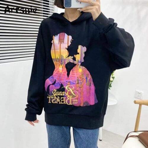Artsnie Cartoon Print Knitted Sweatshirts Women Spring 2019 O Neck Casual Black Oversized Hoodies Streetwear Sweatshirts Female