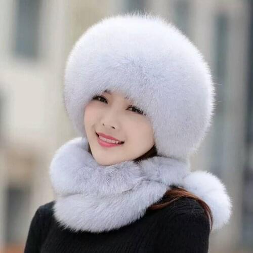 The extra length of womens winter hat with fox fur wrap around can be used as a scarf and hang on the back cover chain,Faux fur