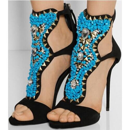 Spring Fashion Blue Stones Women Open Toe Sandals Black Suede Leather Cutout Style Ladies High Heels Zipper Back Dress Shoes