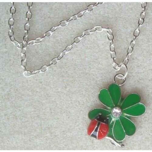 Vintage Green Lucky Clover Shamrock Crystal Red Ladybird Pendant Charm Amulet Chain Necklace Wicca Pagan Jewelry