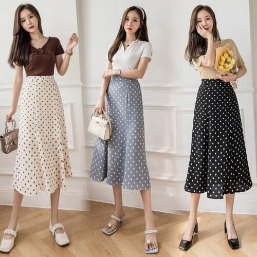 Mid-length Dot A-line Skirts Short Womens Summer 2021 New High-waist Midi Skirt Over-the-knee for Young Women BSQ365