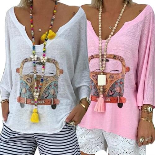 Women Fashion Cartoon Car Print Loose Leisure Long Sleeve Deep V Neck Blouse Shirt T-shirt Tops