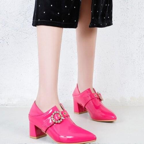 OLOMLB Womens Pointy Toe Patent Leather Rhinestones Crystal Block High Heel Pumps Wingtip Shoes Candy Colors Plus Size 34-50