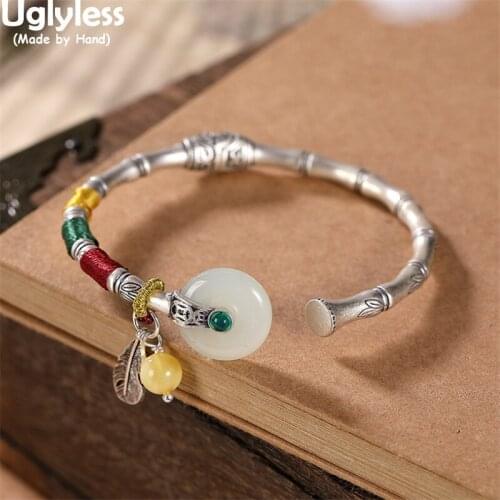 Uglyless Colorful Ropes Ethnic Vintage Bangles for Women Nature Jade Peace Button Bangles Thai Silver Bamboo Jewelry Amber Charm