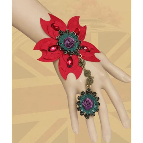 Handmade Women Multi Big Flower Peacock Style Yarn Bronze Adjustable Ring Bracelet Slave Set Cosplay Lolita Gothic Fashion Party