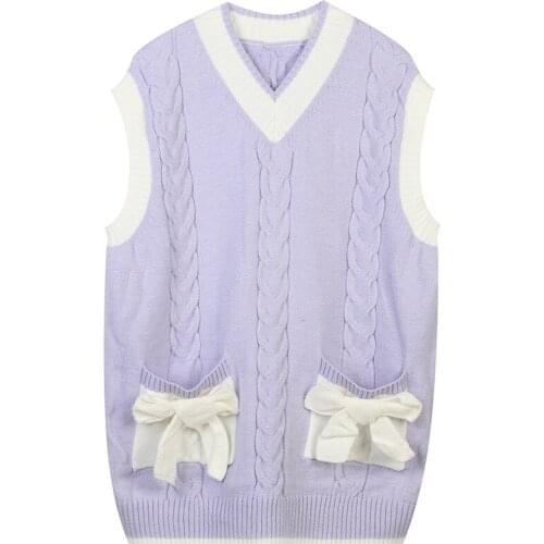 Sweater Vest Women Loose Knit Tops Casual V-Neck Streetwear Sleeveless Long Jumper Bow Sweet Vintage Jersey Japanese Korean ins