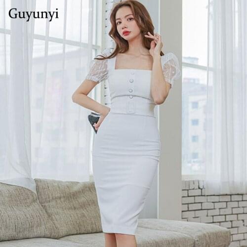 Elegant Office Lady Dress 2021 Summer Square Collar Sexy Mesh Short Sleeves High Waist Tight High-End Event Venues Party Dress
