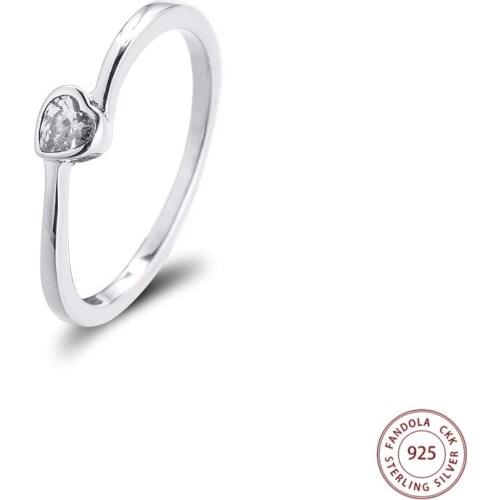 Authentic 100% 925 Sterling Silver Clear Tilted Heart Solitaire Rings for Women Wedding Engagement Ring Fine Jewelry Bague Femme