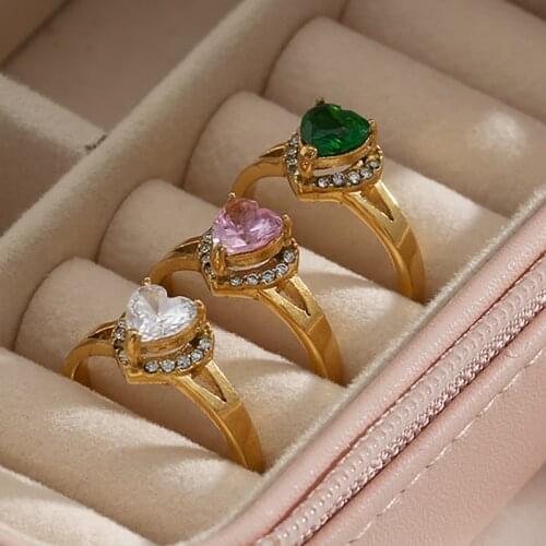 Vintage Classical Female Gold Plated Heart 3A CZ White Green Pink Heart Stone Rings Womens Jewelry Bride Wedding Ring