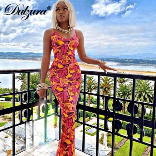 Dulzura floral print tie dye women maxi dress strap v neck bodycon sexy streetwear party elegant 2020 autumn winter holiday slim