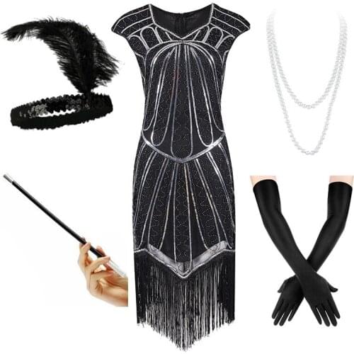 Womens Flapper Dresses 1920s Beaded Fringed Great Gatsby Dress w/Accessories Set xs-xxl