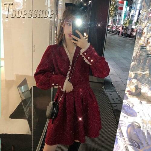 2020 Red And Black Color Women Dress High Waist Pleated Temperament Female Dresses