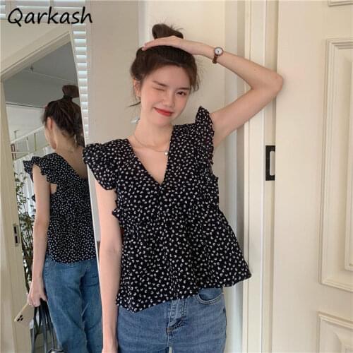 Blouses Women Floral V-neck Sleeveless Design Korean Style Loose Lovely College Soft Summer Sweet All-match Trendy Ladies New