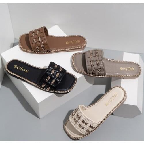 Womens slippers fashion woven rhinestone chain flat Women sandals summer new 2021 trim outer wear flat-heeled slippers slider