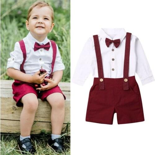 Toddler Baby Boy Formal Suit Long Sleeve Bow Shirt TopPants Overalls Gentleman Set Boys Clothes Outfits 2Pcs