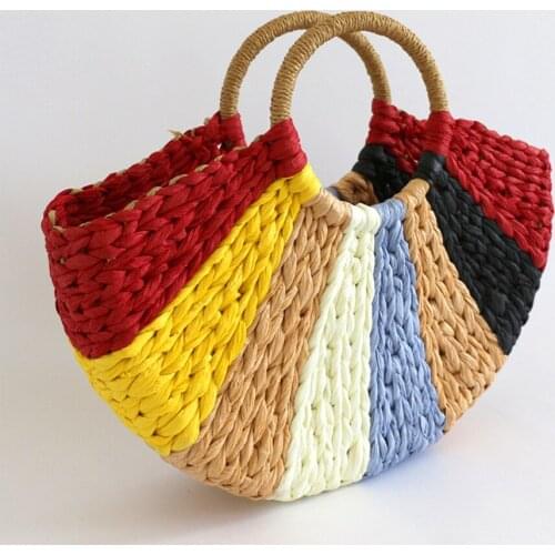 Designer Color Patchwork Rattan Bag Women Handbag Fashion Half Moon Shaped Weave Straw Bag Hand Made Bohemia Beach Bags for Wome