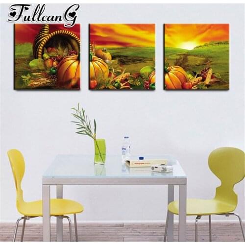 FULLCANG 3 piece diy diamond embroidery pumpkin fruit triptych painting full square/round drill 5d mosaic pattern art FC659