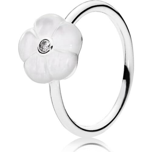 Classic 925 Sterling Silver White Flower Luminous Florals, Mother-Of-Pearl & Clear CZ Finger Rings For Women Jewelry
