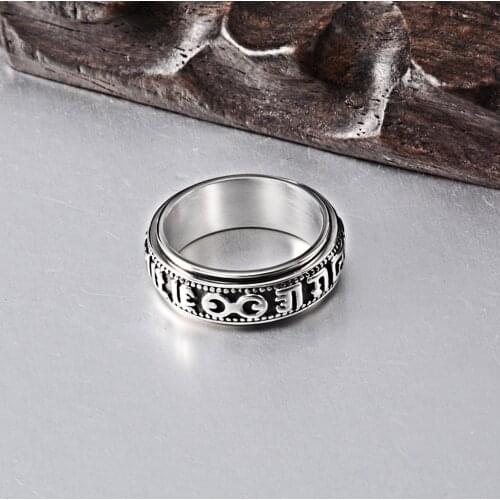 Spinner Men Ring Stainless Steel Six Words Mantra Rotatable Rings Buddhism Religious Tibetan Jewelry Accessories