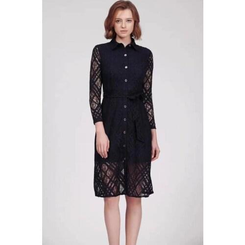 2021 spring and summer new lace dress with elegant temperament and thin waist, shirt collar and skirt with hollow sleeves
