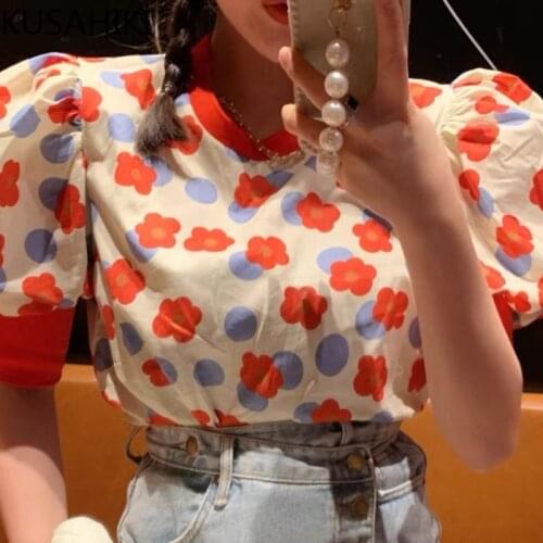 KUSAHIKI Sweet Floral Puff Sleeve Women Tops Causal Korean O-neck Elegant Blouse 2021 Summer New Chiffon Blusas Shirt 6G803
