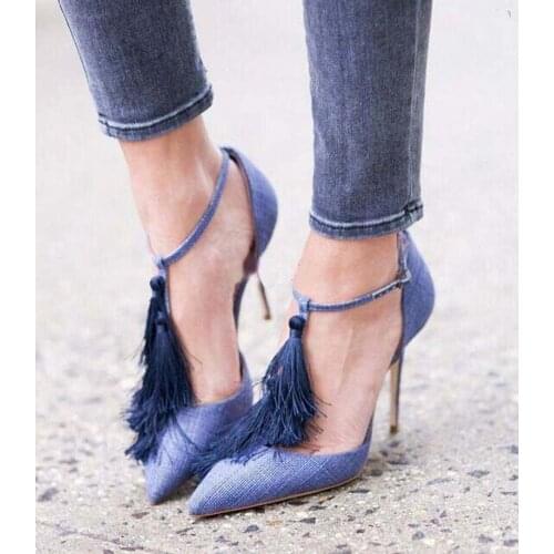 Summer Tassel T-Strap Blue Denim High Heels Sexy Pointed Toe Fringed Dress Shoes Gladiator Jeans Pumps for Woman