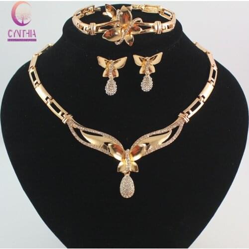Fashion Austrian Crystal Necklace Earrings Jewelry Sets Gold Color Classic Butterfly Pendant Wedding Dress Accessories