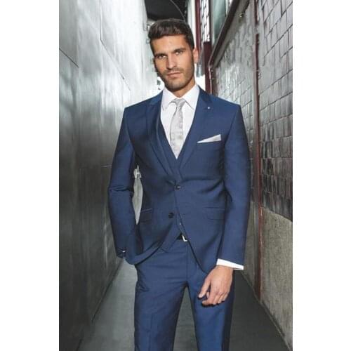 Three Piece Navy Blue Evening Party Men Suits Peak Lapel Trim Fit Custom Made Wedding Tuxedos (Jacket + Pants + Vest+Tie)