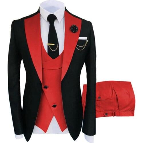 2021 Mens Suits 3 Pieces Black Red Mens Blazer Slim Fit Wedding Male Groom Tuxedos suit Prom (Jacket+Pants+Vest) costume homme