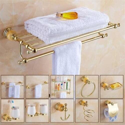 304 Stainless Steel & Jade Bathroom Accessories Set Paper Holder Soap Basket Towel Rack Towel Ring Bathroom Hardware Set Gold