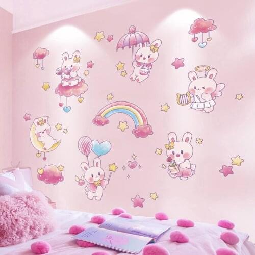 [shijuekongjian] Cartoon Rabbits Animals Wall Sticker DIY Stars Clouds Wall Decals for Kids Bedroom Baby Room House Decoration