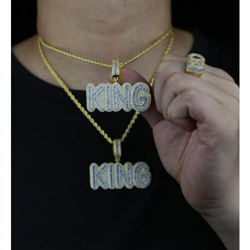 2021 New Hip Hop Iced Out Bling Micro Pave Cubic Zircon KING Letters Pendant Necklace With 3mm Rope Chain mens Charm Jewelry