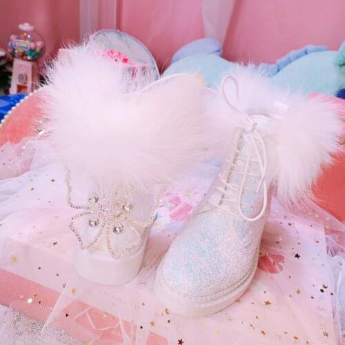 2019 autumn and winter new hand-studded butterfly sequins fox fur Martin boots fashion high to help womens boots