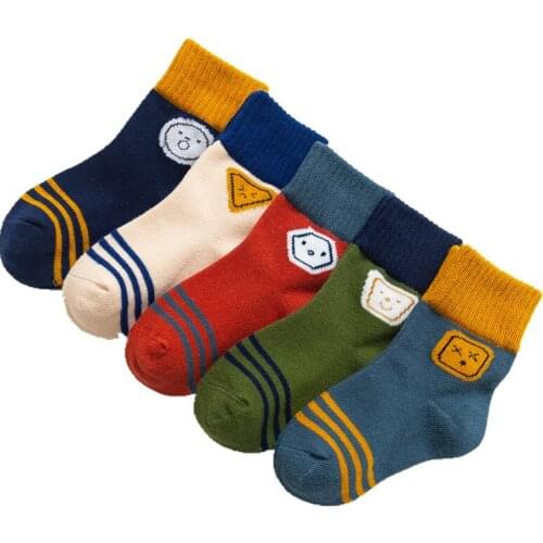 Wholesale 5 Pairs/lot Children Cotton Socks Autumn Winter Spring Kids Boys Girls Warm Mid Socks Cartoon Stripe Sports Socks