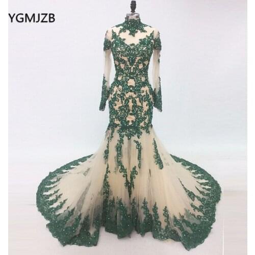 Luxury Green Evening Dress Long Sleeves 2020 Mermaid High Neck Embroidery Beaded Arabic Formal Evening Gown Robe De Soiree
